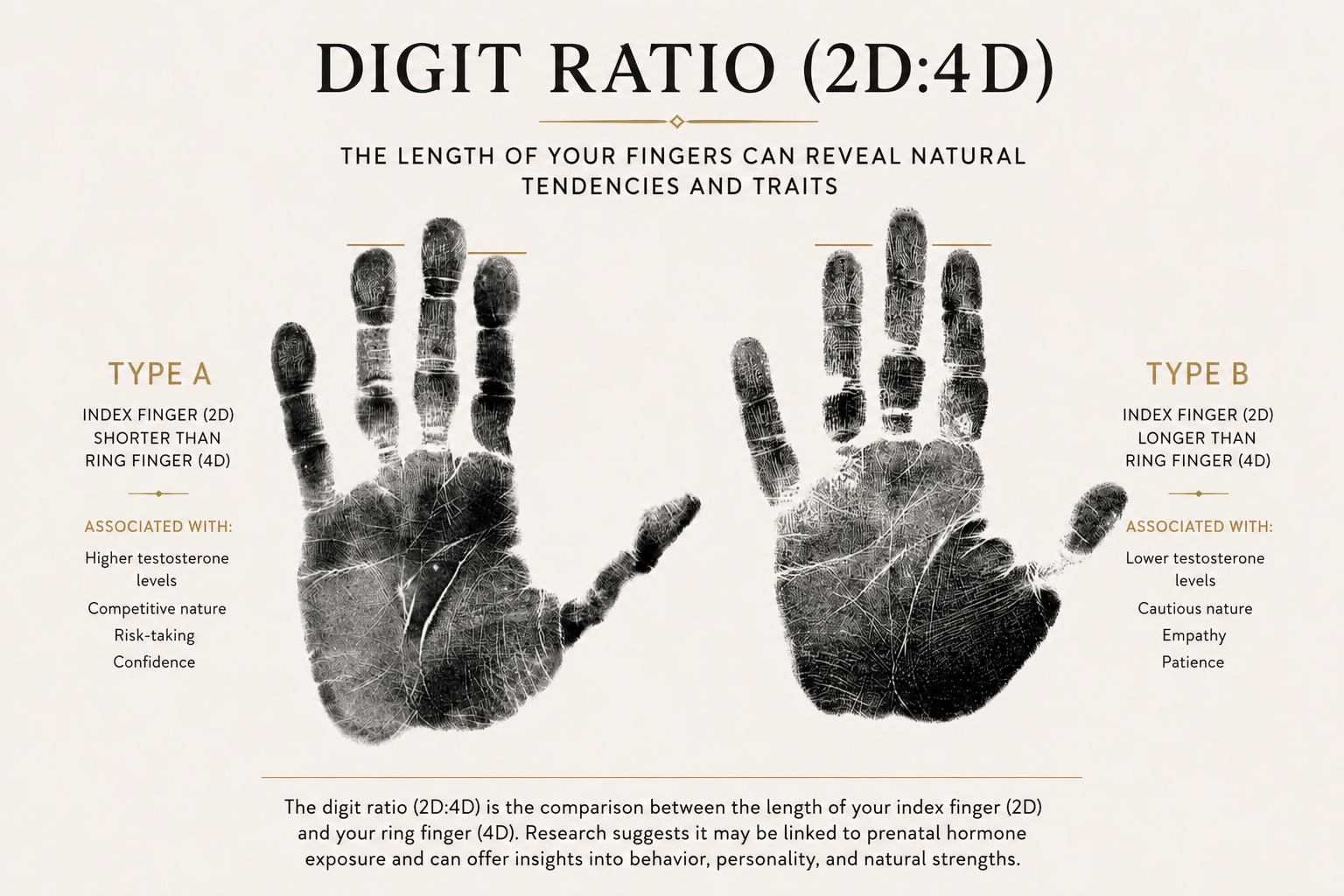 Digit ratio 2D:4D infographic showing Type A and Type B finger length patterns
