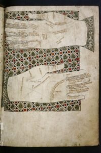 Medieval chiromancy manuscript showing the hand annotated for chiromancy