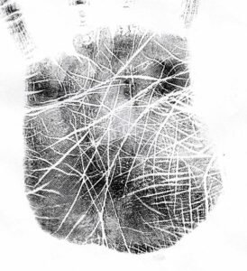 A full hand with many strongly etched lines
