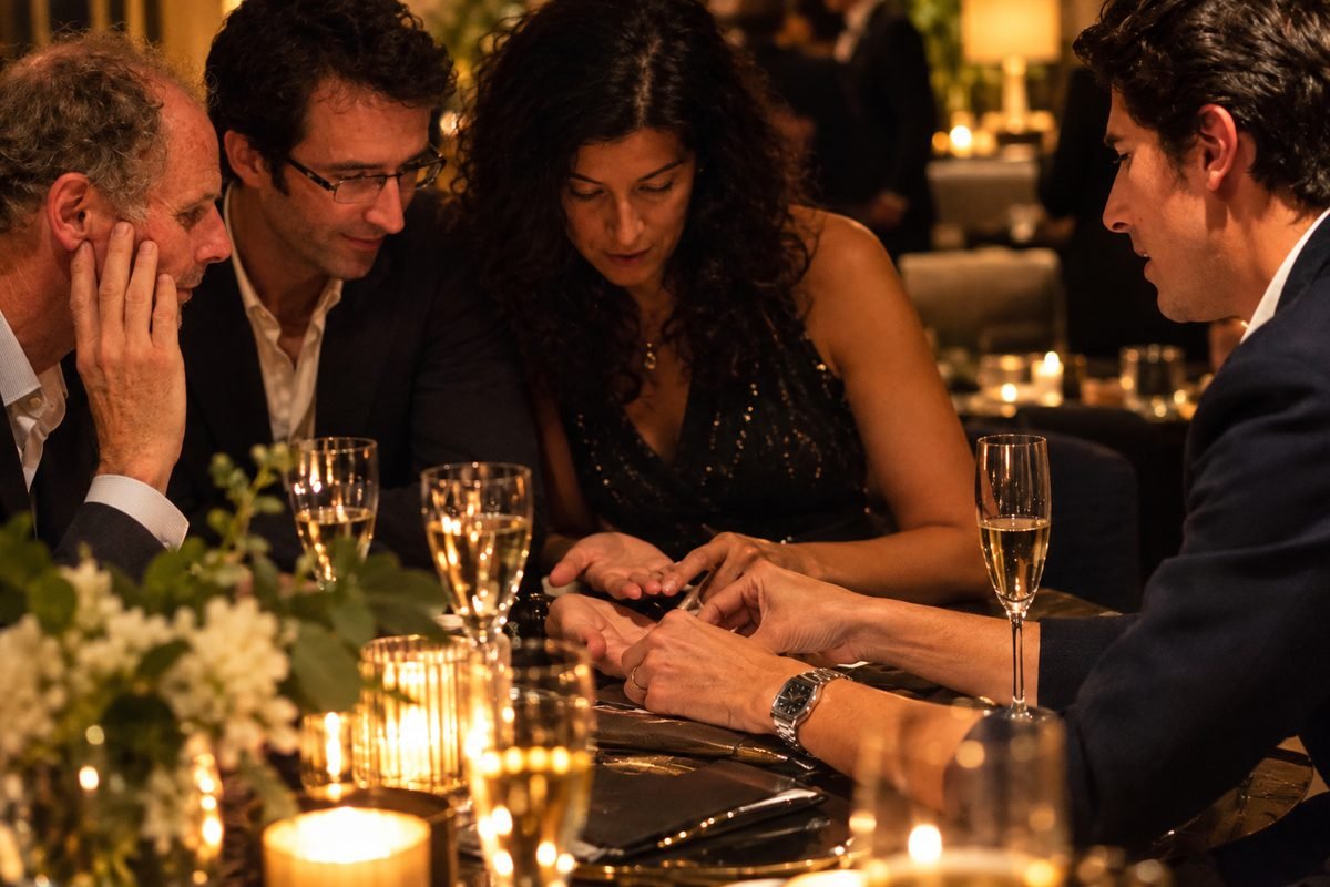 Lawrence Rook giving a hand reading to guests at a candlelit evening event